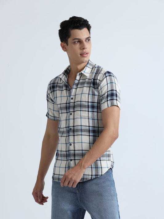 Blue Checkered Slim Fit Cotton Shirt