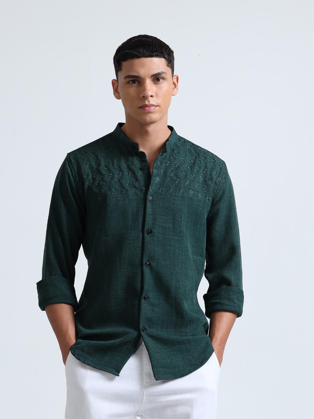 Chest Embroidered Green Shirt