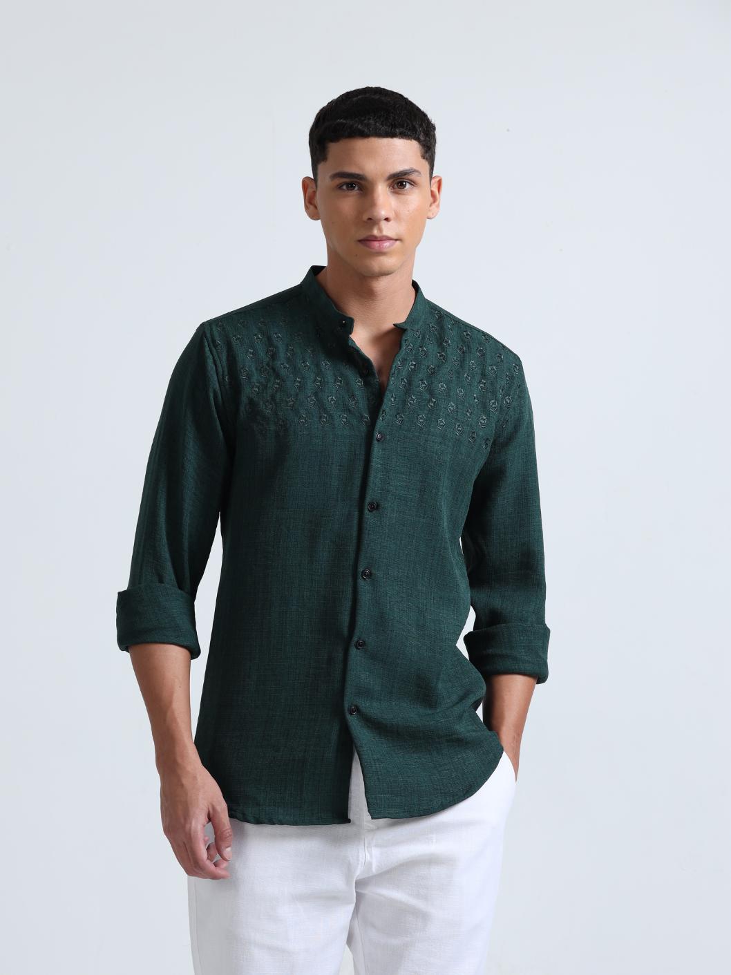 Chest Embroidered Green Shirt