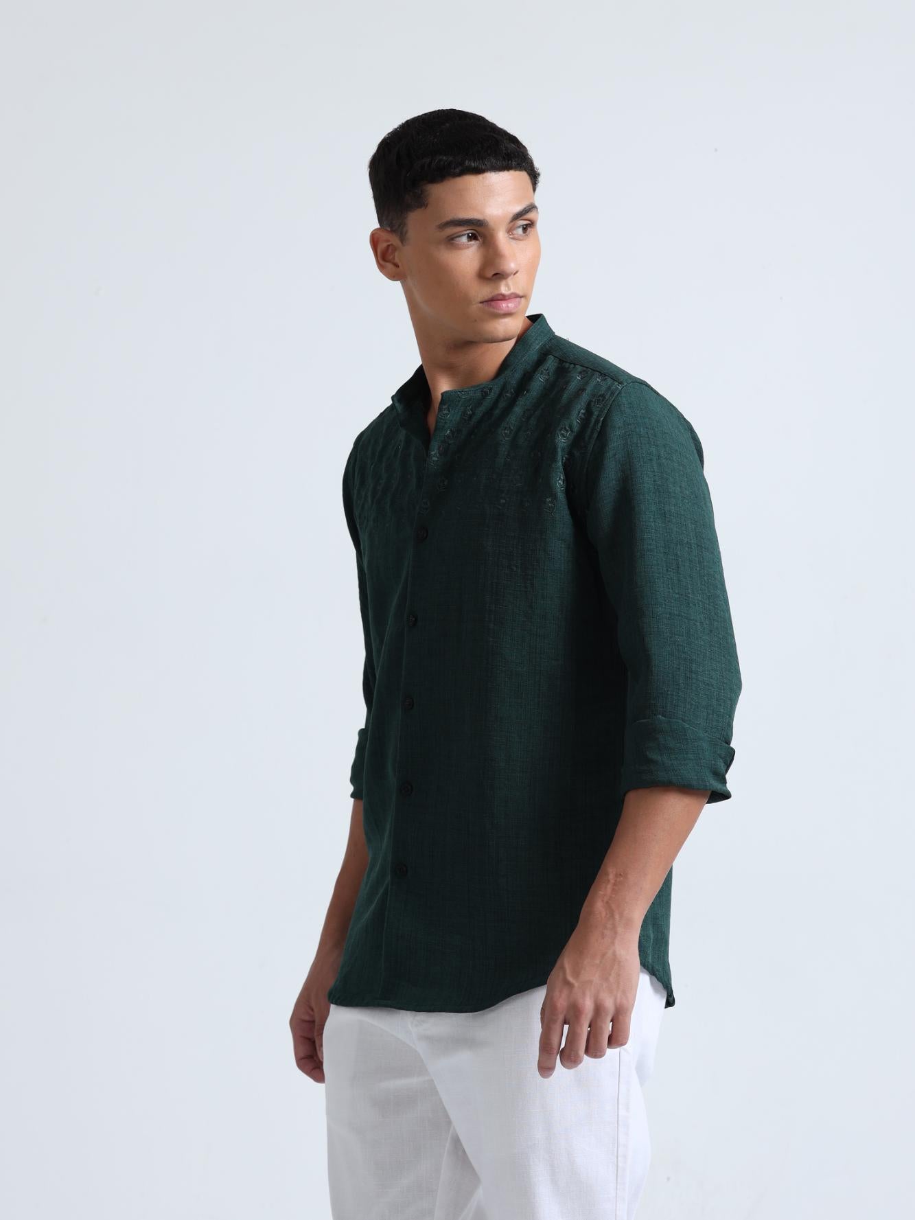 Chest Embroidered Green Shirt