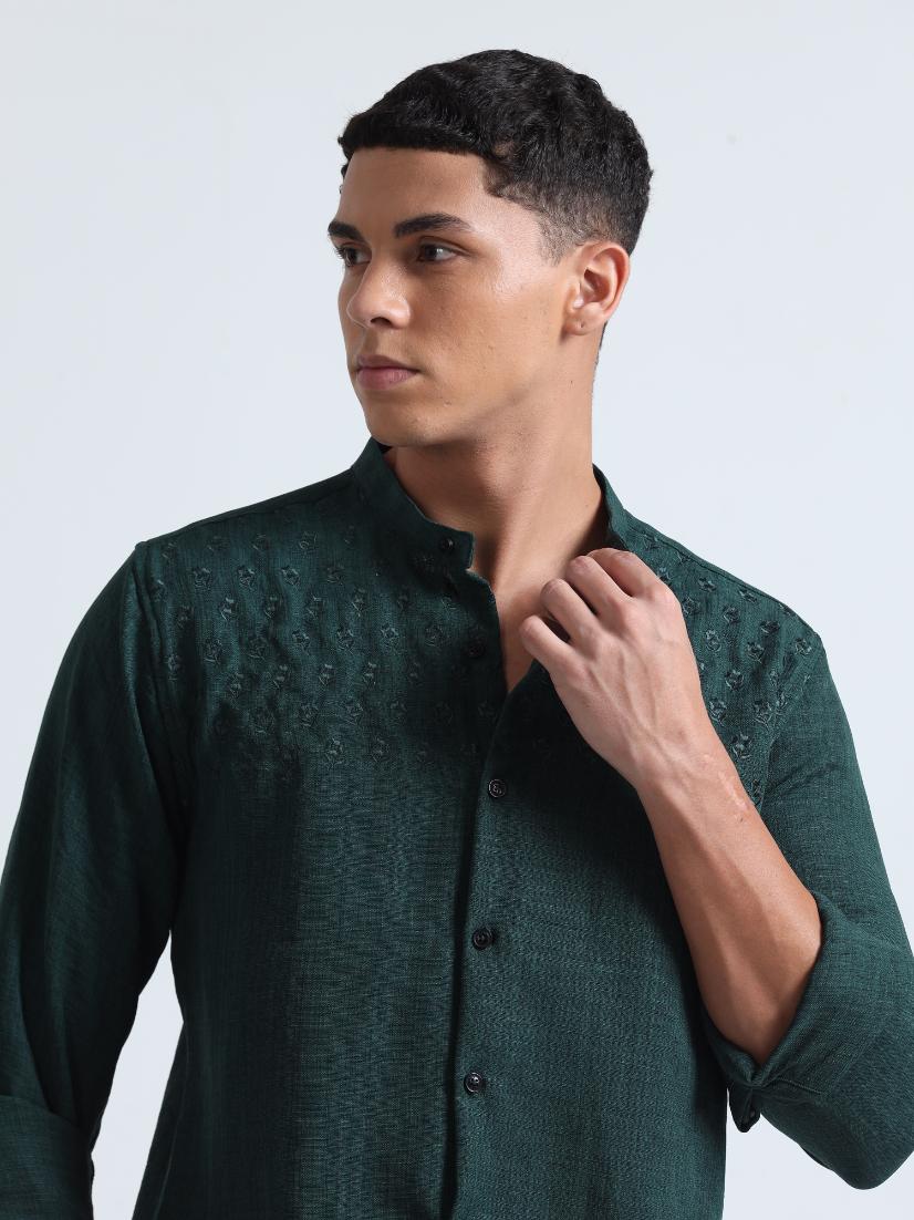 Chest Embroidered Green Shirt