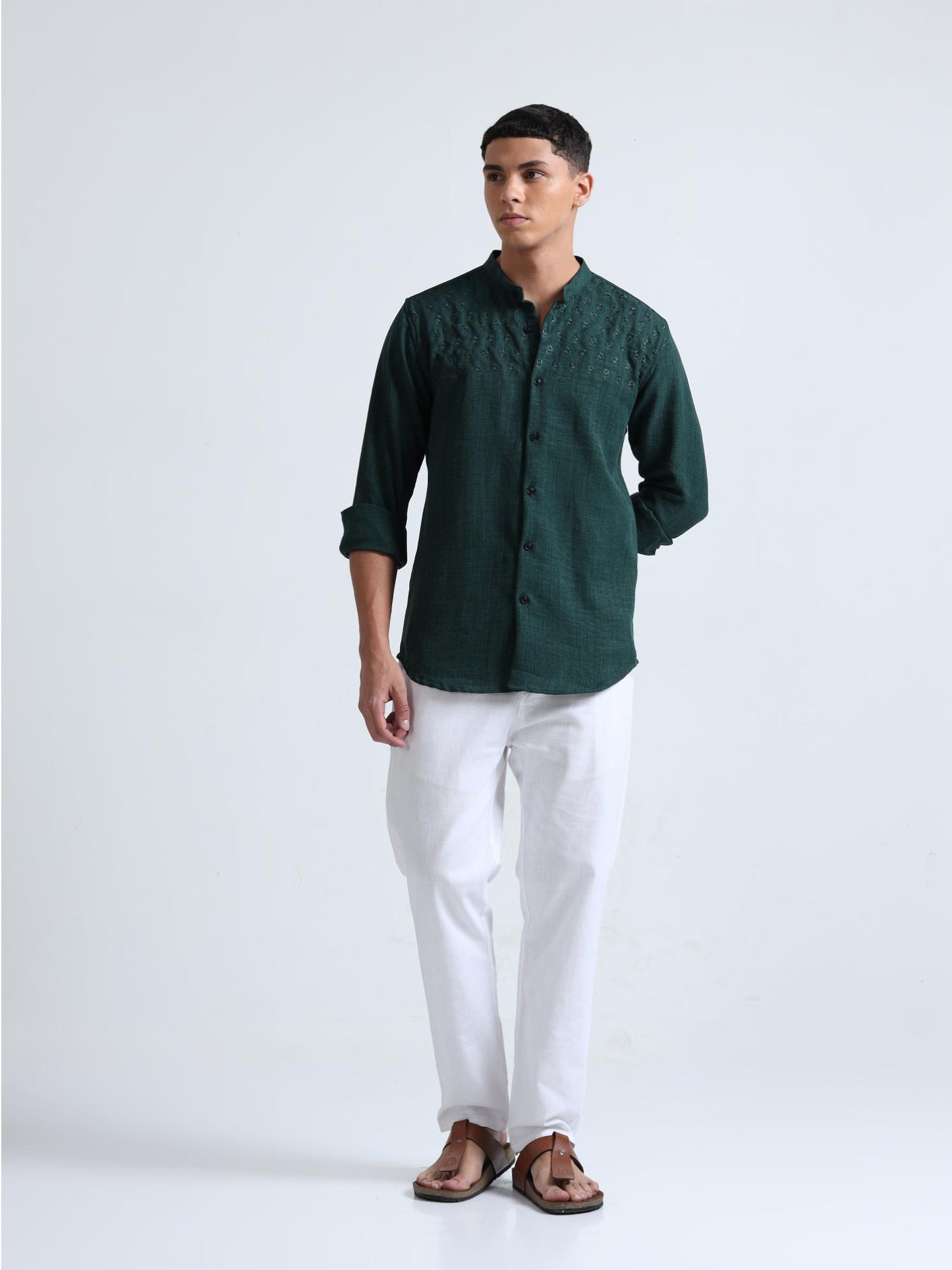 Chest Embroidered Green Shirt