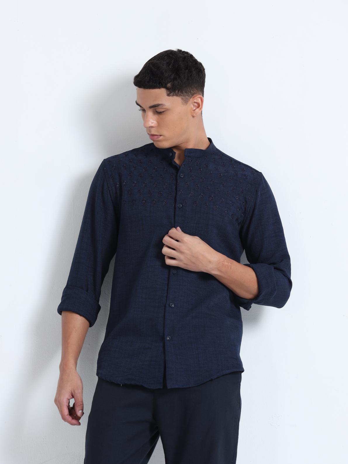 Chest Embroidered Blue Shirt