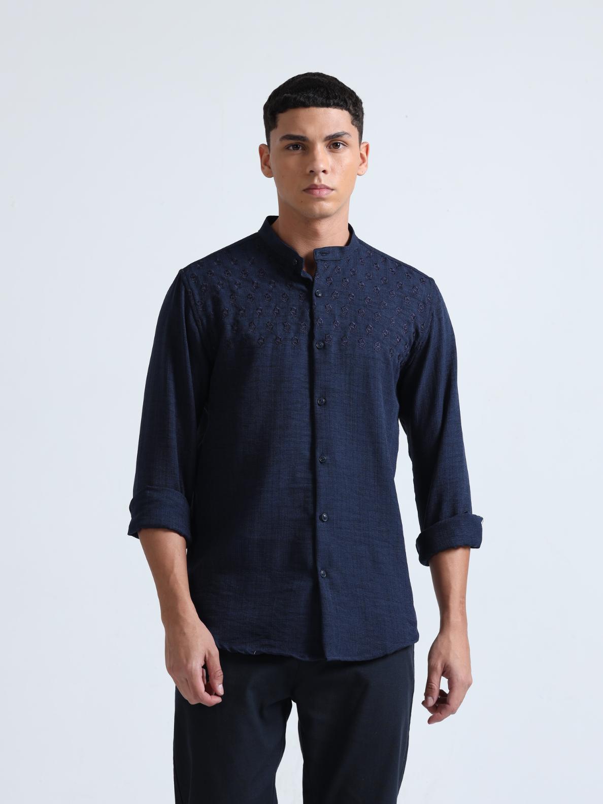 Chest Embroidered Blue Shirt