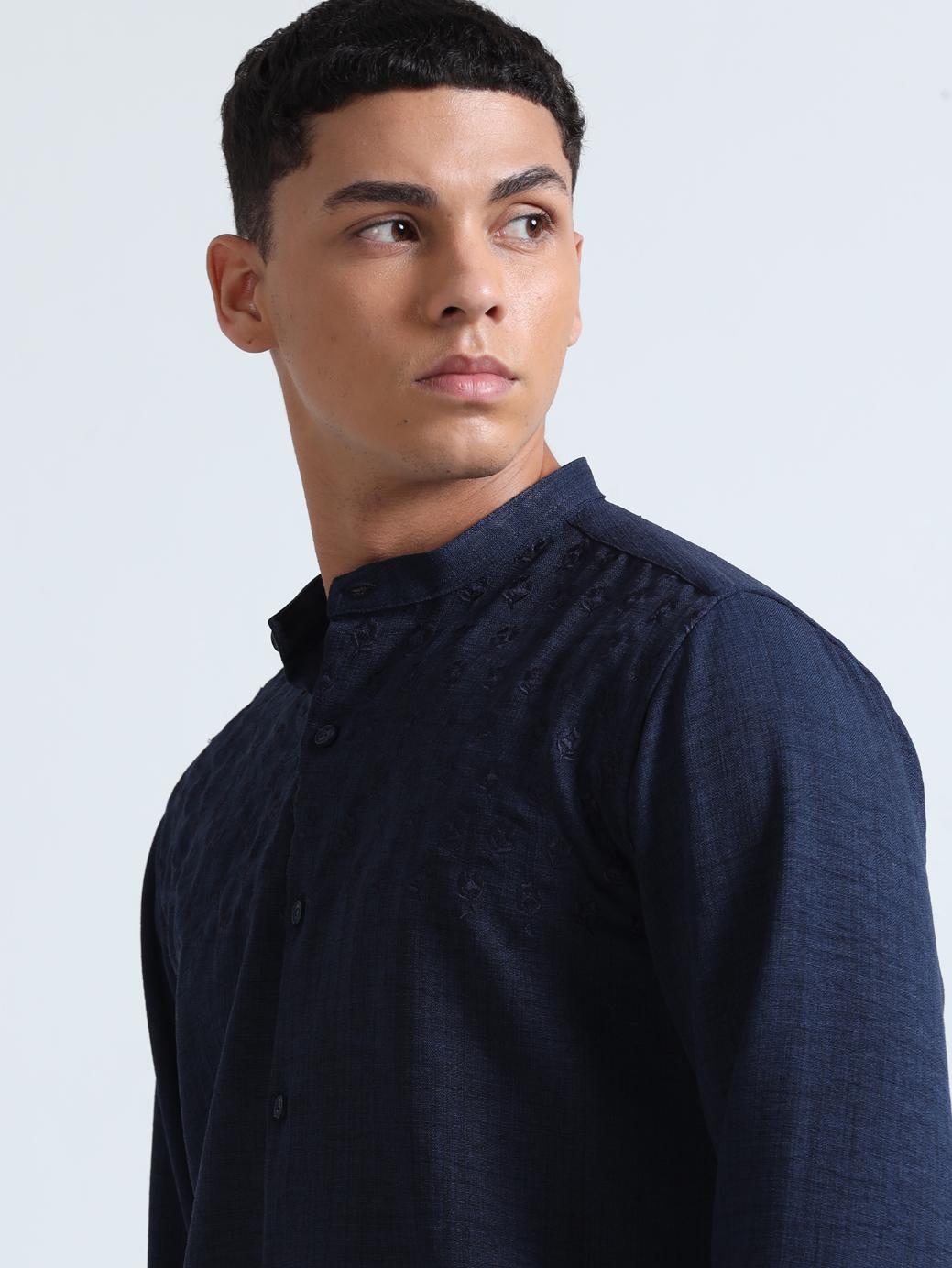 Chest Embroidered Blue Shirt