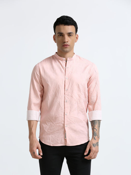 Peach Mandarin Collar Textured Shirt