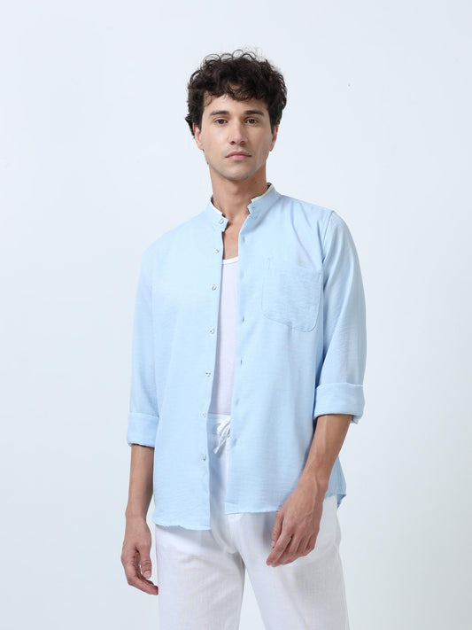 Sky Blue Plain Mandarin Collar Shirt